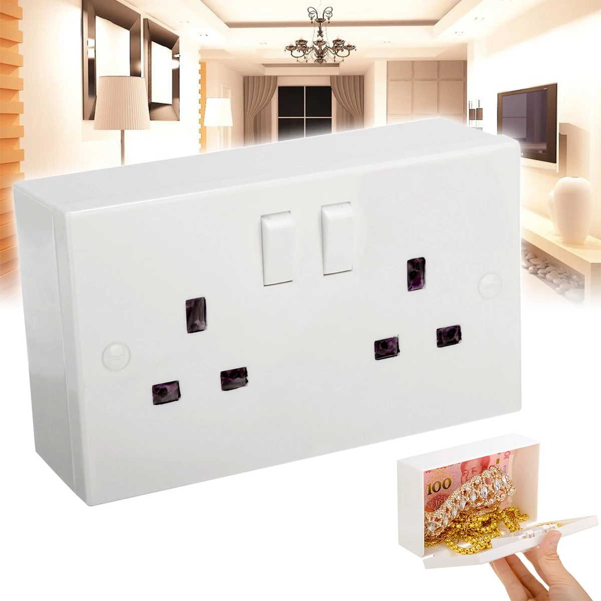 Imitation UK Plug Double Socket Wall Safe Security Secret Hidden Stash Lock Box