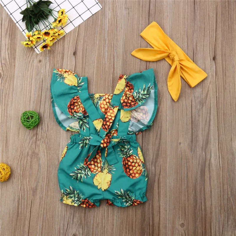 الصيف الوليد الرضع طفلة الملابس كشكش الأناناس طباعة رومبير + العصابة بذلة الزي Sunsuit 2 قطعة مجموعة