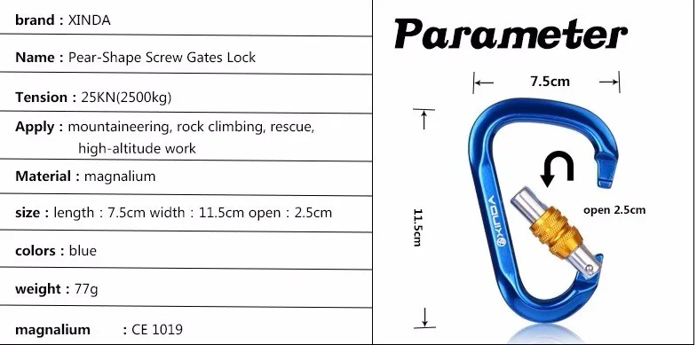 XINDA Высокое качество Профессиональный 25KN безопасность мастергруша-форма винтовые ворота Пряжка скалолазание замок карабин выживания наборы