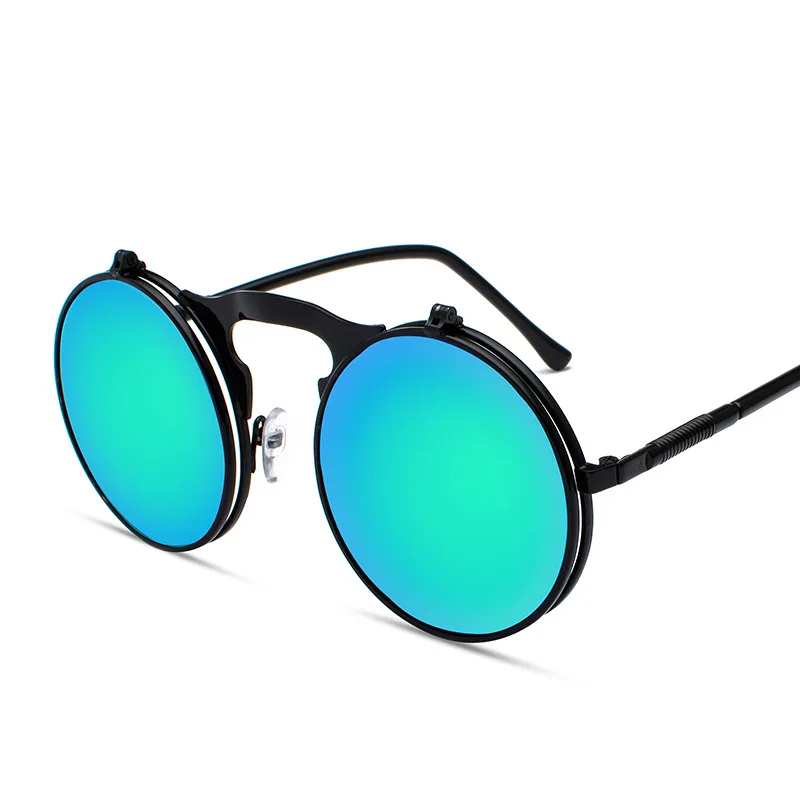 C8 Black.Blue green Солнцезащитные очки с откидной крышкой в стиле стимпанк, Ретро стиль, круглая металлическая оправа, раскладушка, двойные линзы, солнцезащитные очки для мужчин и женщин - Цвет линз: C8 Black.Blue green