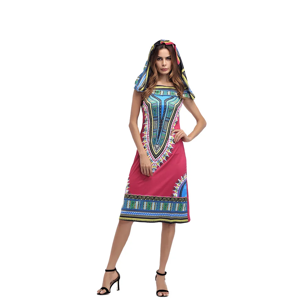 2018 Women Dress Suits Printed Geometric Hooded sleeveless summer printing hooded skirt female fashion national style Dress