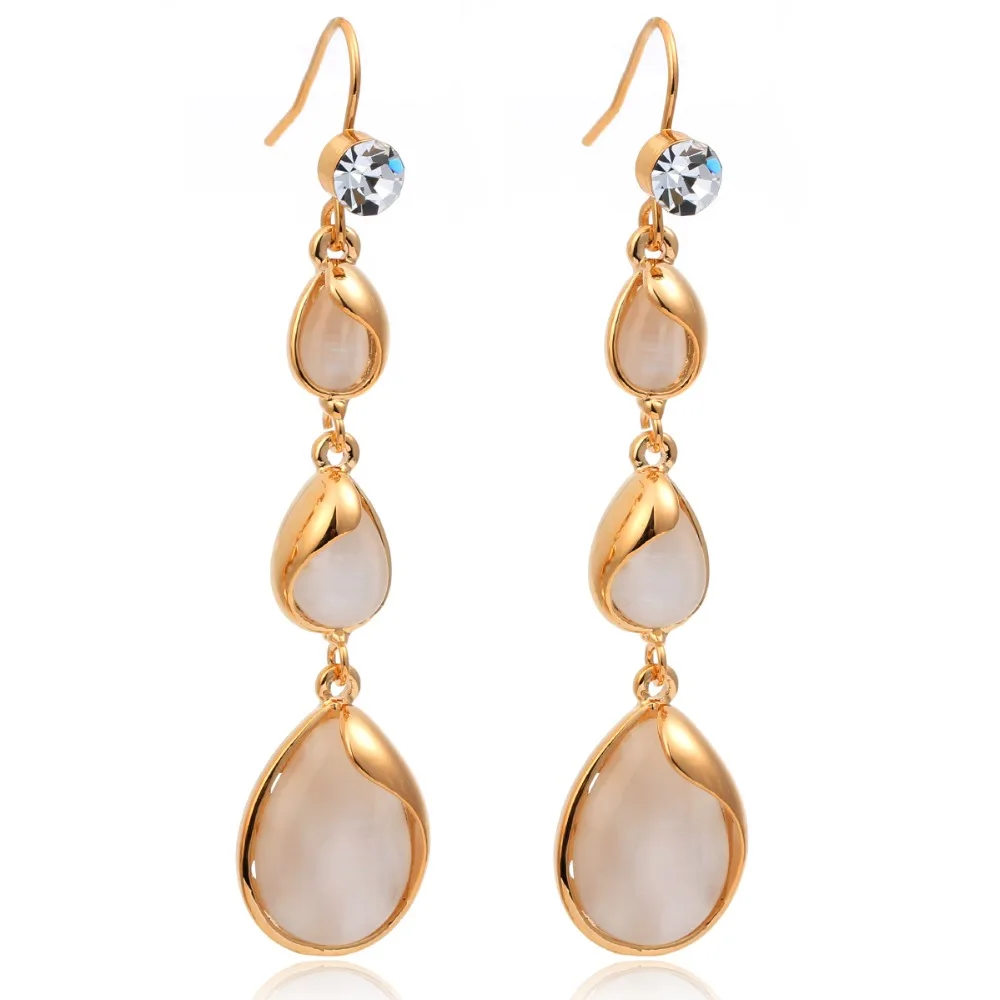 

Yellow Gold Color Linked Three Teardrop White Opal Drop Dangle Long Earrings For Womens Fashion Jewelry Pendientes mujer moda