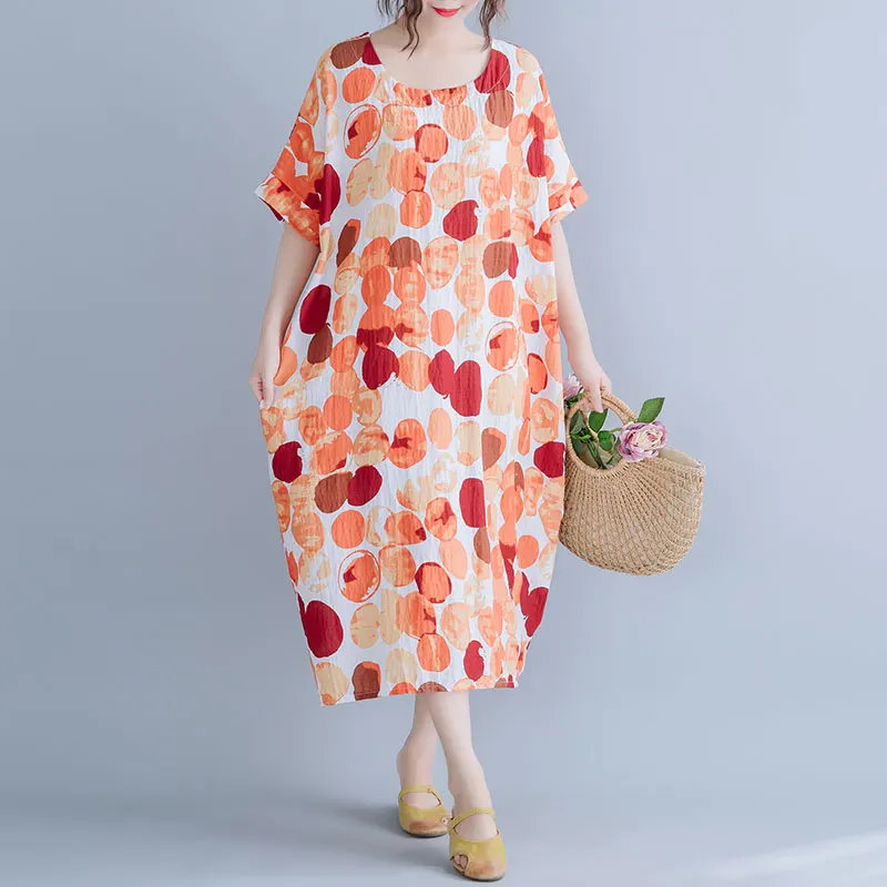 

Johnature National Vintage Print Summer Dress 2019 New Korean O-neck Short Sleeve Pockets Loose Mid-calf Length Women Dresses