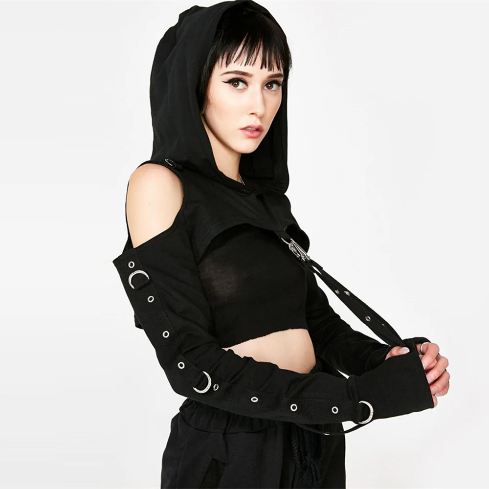 Rosetic Harajuku Goth Hoodie Sweatshirt Hooded Short Crop Top Halloween Party Hollow Rivet Solid Slim Autumn Women Hoodie Top