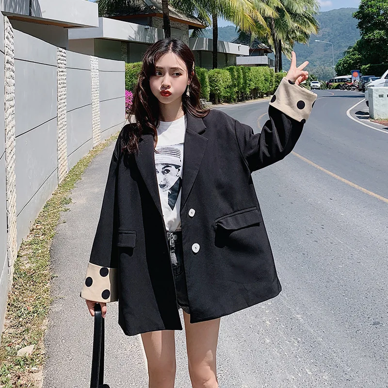 

LANMREM 2019 Spring New Korean Wave Point Color Cuffed Sleeves Loose Casual Blazers Female's Notched Long Sleeve Jacket YG52301
