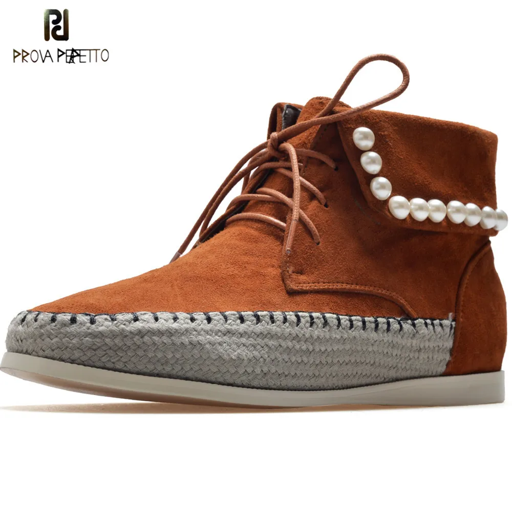 

Prova Perfetto Fahsion Lace-up Women Boots Black Kid Suede Ladies Boots Flat With Round Toe Leather Ankle Boots Big Size 33-43
