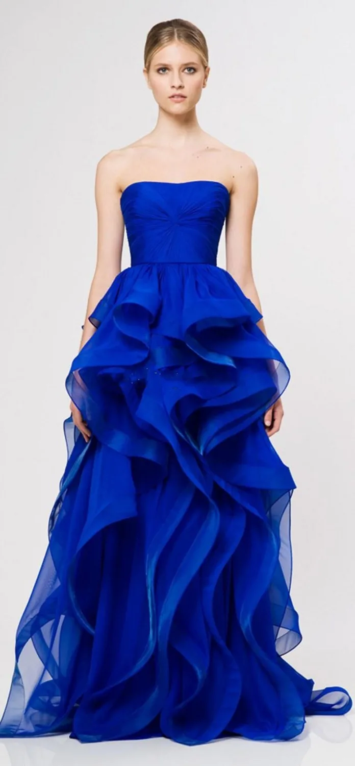 Gorgous Royal Blue Strapless Organza Prom Dresses Pretty A-Line Sleeveless Party Gowns Pleat Ruched Evening Vestidos | Свадьбы и