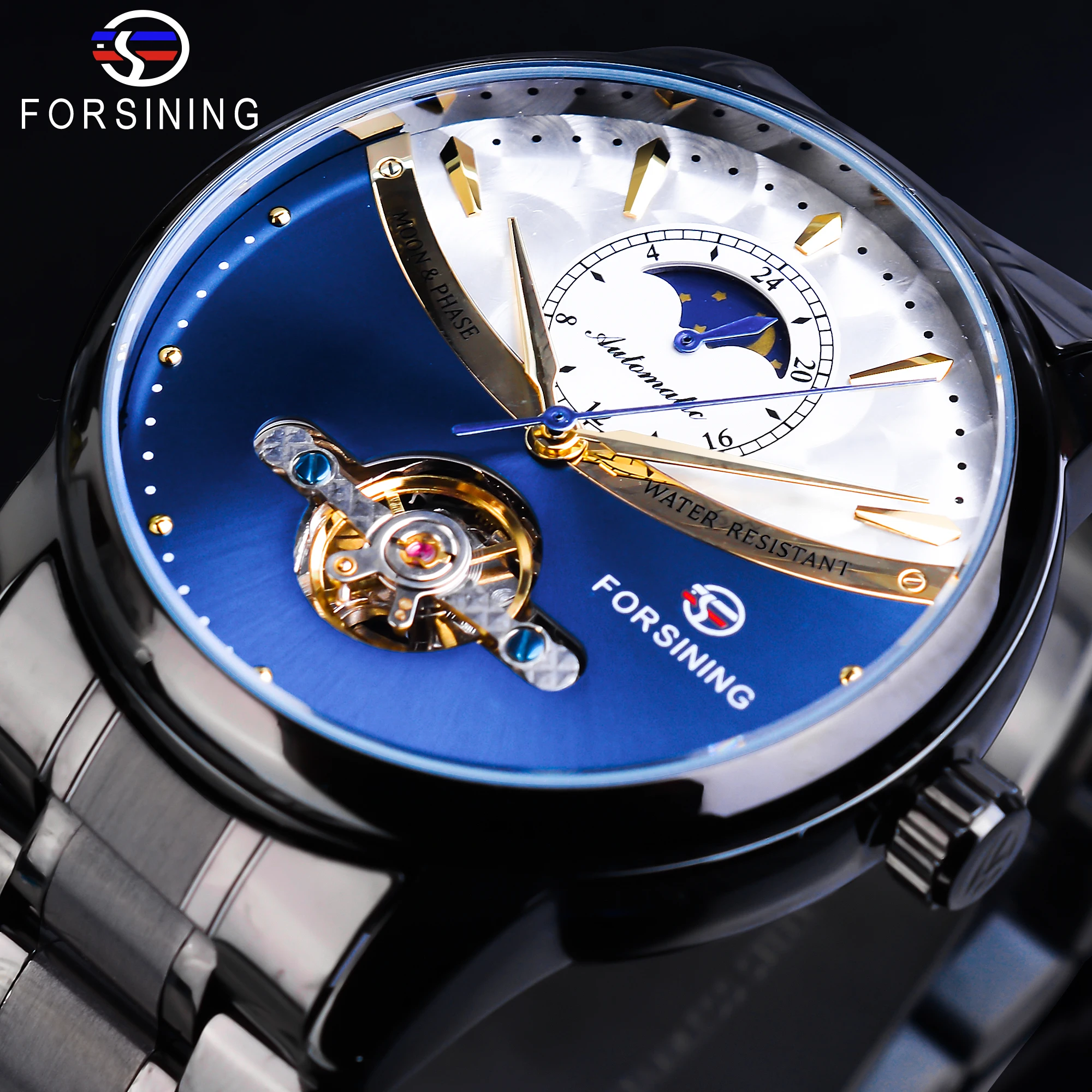 

Forsining Automatic Men Watch Royal Blue Moon Phase Tourbillon Mechanical Watches Black Steel Strap Relogio Masculino Clock Gift