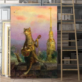 

Decoracion Frameless Cat Playing paintings on canvas Guiter Canvas Printing Modern Wall Art Painting Pictures For Living Home