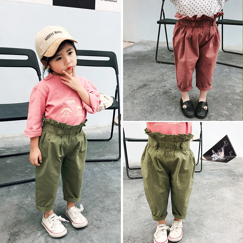 

Spring Autumn cute girls fashion high waist casual pants 2019 kids all-match solid color trousers 0-4Y