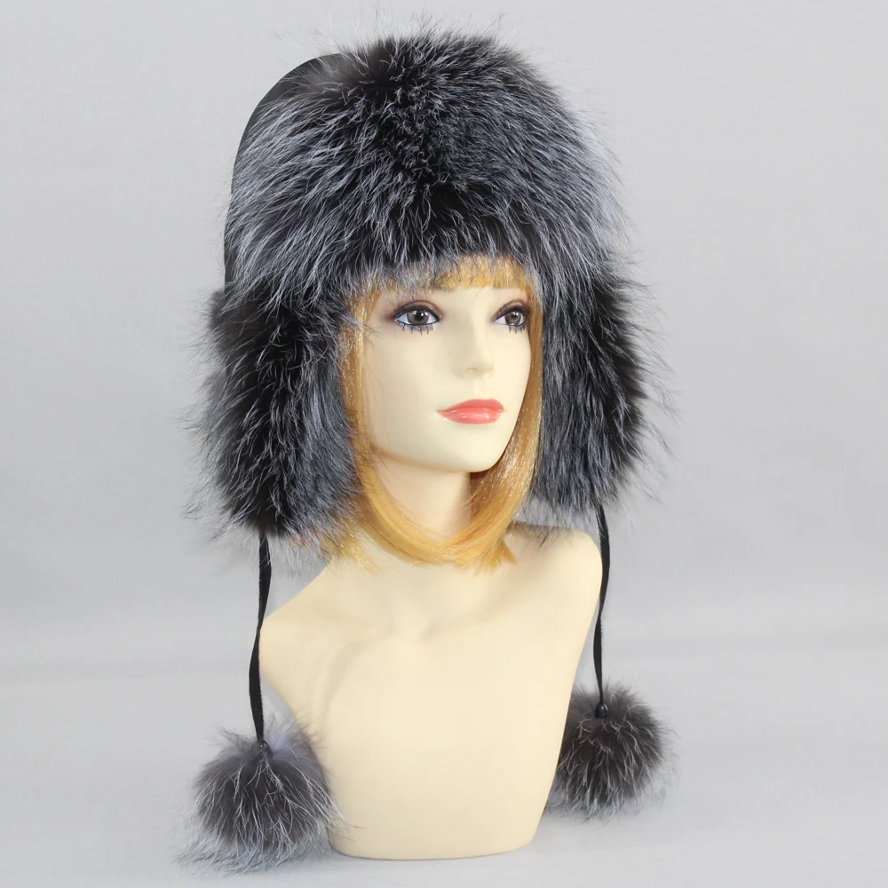 New Winter Women Lovely Real Fox Fur Hats Natural Fox Fur Winter Quality Thick Warm Fox Fur Bomber Hat