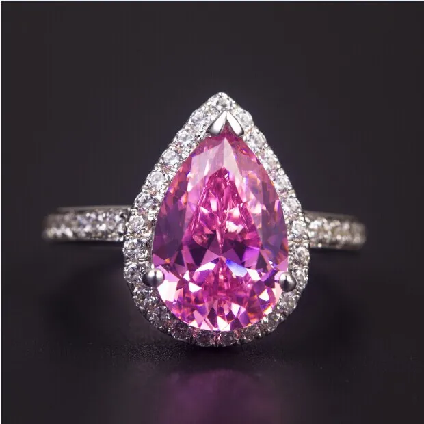 

Top Brilliant 2 CT Pear Cut Solid 585 White Gold Ring Pink Synthetic Diamonds Ring For Bridal Jealous A-OK Quality Gold Ring
