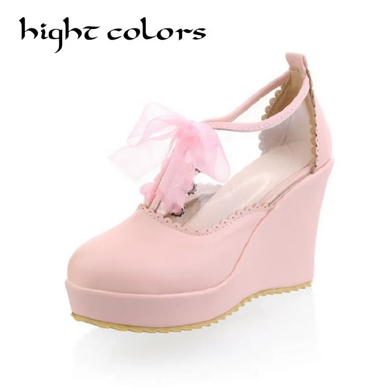 

2017 Fashion Footwear Nude Women's Pumps Wedges Shoes Students l Sweet Thick Bottom Platform Sandal Wedge Heels Big Size Shoes