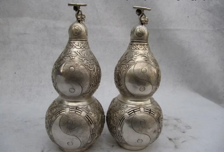 

Collectible bronze S2510 Taoism White Copper Silver Yin and yang the Eight Diagrams gourd calabash Pair