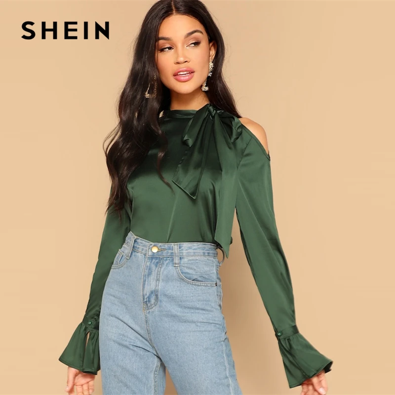 

SHEIN Green Asymmetrical Shoulder Knot Bell Sleeve Shirt Blouse Cut Out Stand Collar 2019 Spring Office Lady Women Blouses