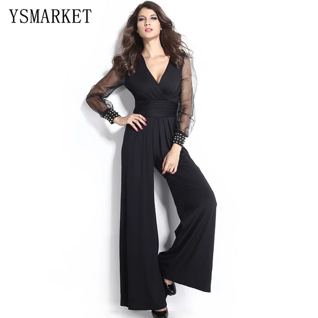 Chiffon Mesh Long Sleeve Wrap V Neck Boot Cut Jumpsuit Party Overalls ...