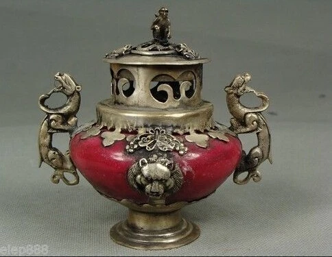 

China Handwork Tibet-silver Dragon Old Red Jade Stone Incense Burner fast Shipping