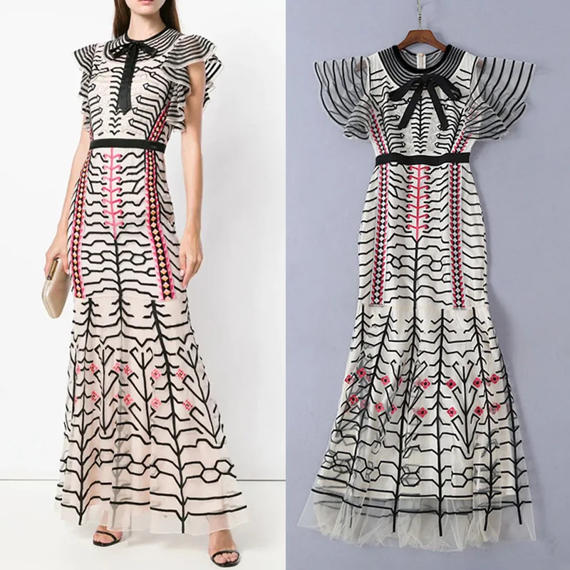 

High Quality 2019 New Spring Women Elegant Embroidery Runway Dress Fashion O Neck Short Sleeve Lace Up Bow Mesh Mermaid Dress