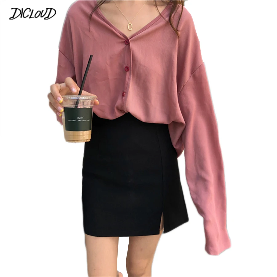 

DICLODU Autumn blouse women Harajuku Retro Long Sleeve Loose tops Shirts Ladies black Casual V-neck chiffon shirt 2018