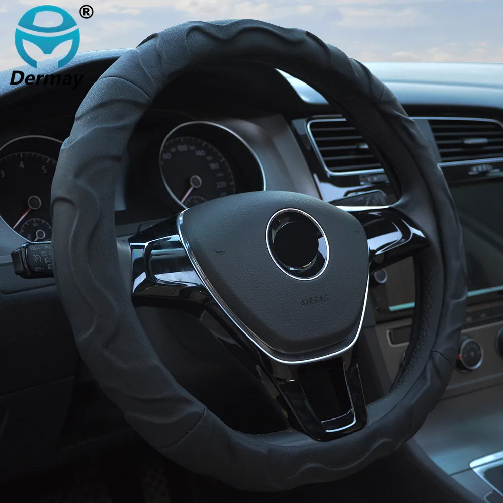 TOP QUALITY Dermay Sheepskin Leather CAR STEERING WHEEL COVER Black