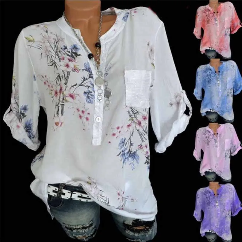 

2019 Women Plus Size Blouses Loose V-Neck Floral Print Shirts Long Casual Ladies Office Blouses