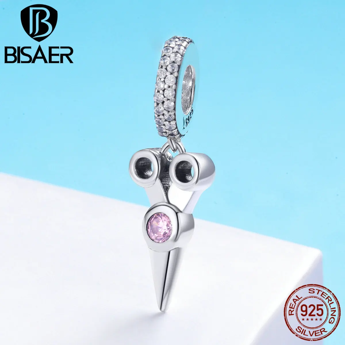 

BISAER Authentic 925 Sterling Silver Scissor Tools Clear CZ Dangle Charm Beads fit Bracelet Necklaces 925 Silver Jewelry ECC656
