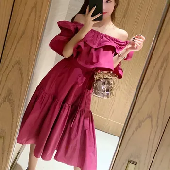 

French Romance Net Red Explosion Sexy Shoulder Strap Three-dimensional Ruffled Tie Belt Medium Long Dress
