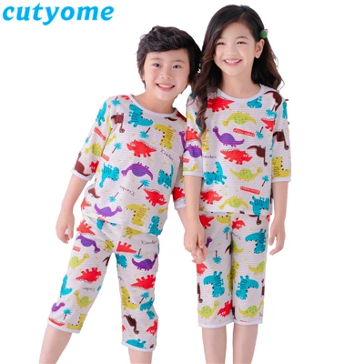 Милый Летний пижамный комплект для девочек, одежда для сна с рисунком кота, машины, совы, лисы, детские пижамы, комплект домашней одежды из 2 предметов для маленьких мальчиков 7-9 лет - Цвет: White Dinosaur Pjs
