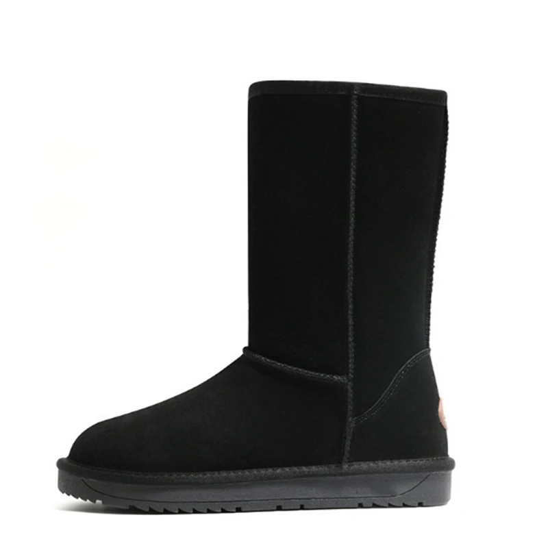 Buy Genuine Leather Women s winter high boots High quality Cowhide snow boots 2020 new brand design Plush fur Flat bottom warm boot