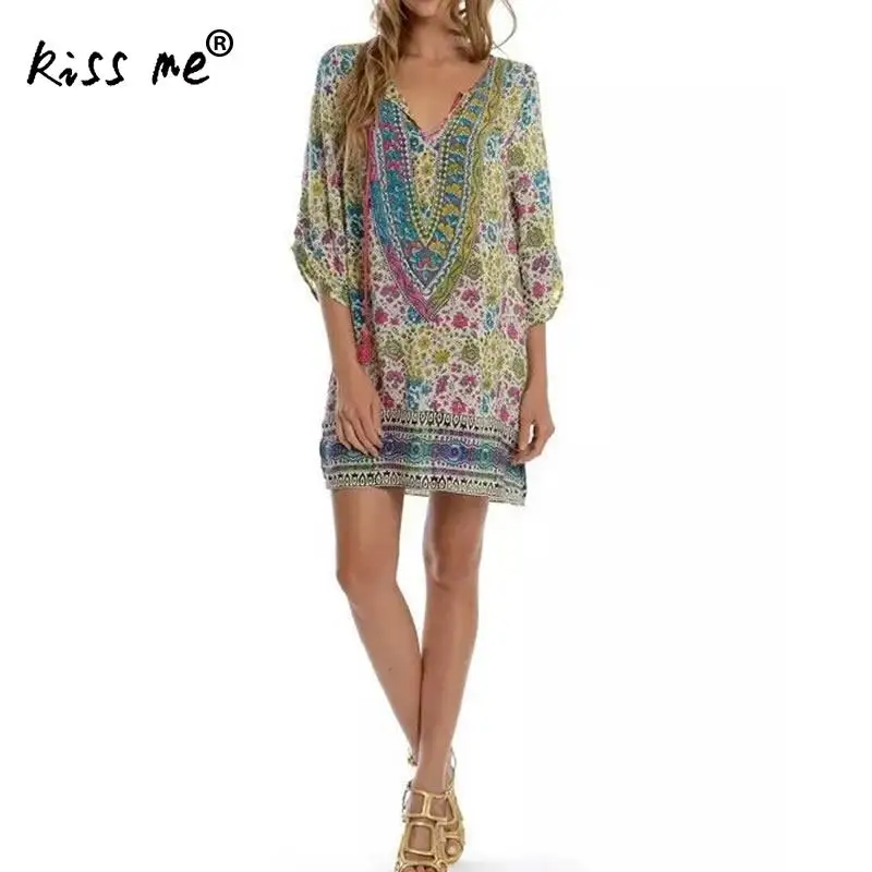 

Bathing Suit Short Dress Kaftan Ethnic Beach Tunic Beach Cover Up Print Geometric Dress Swimwear For Women Bohemian Vestido