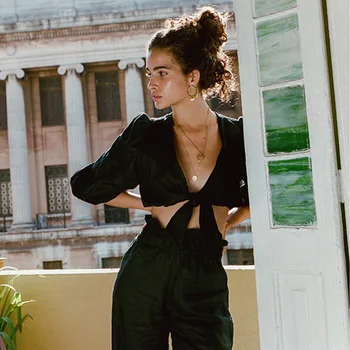 

Sexy Bow Two Piece Set Lace Up Rompers Jumpsuit Wide Leg V Neck Short Sleeve For Womens Top And Pants Black Jumpsuits Overalls