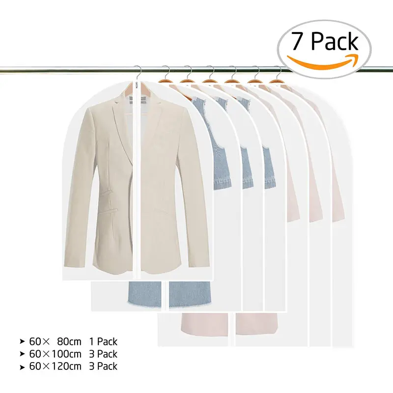 7Pack Waterproof Garment Bag Clothes Dust Cover With Zipper Transparent