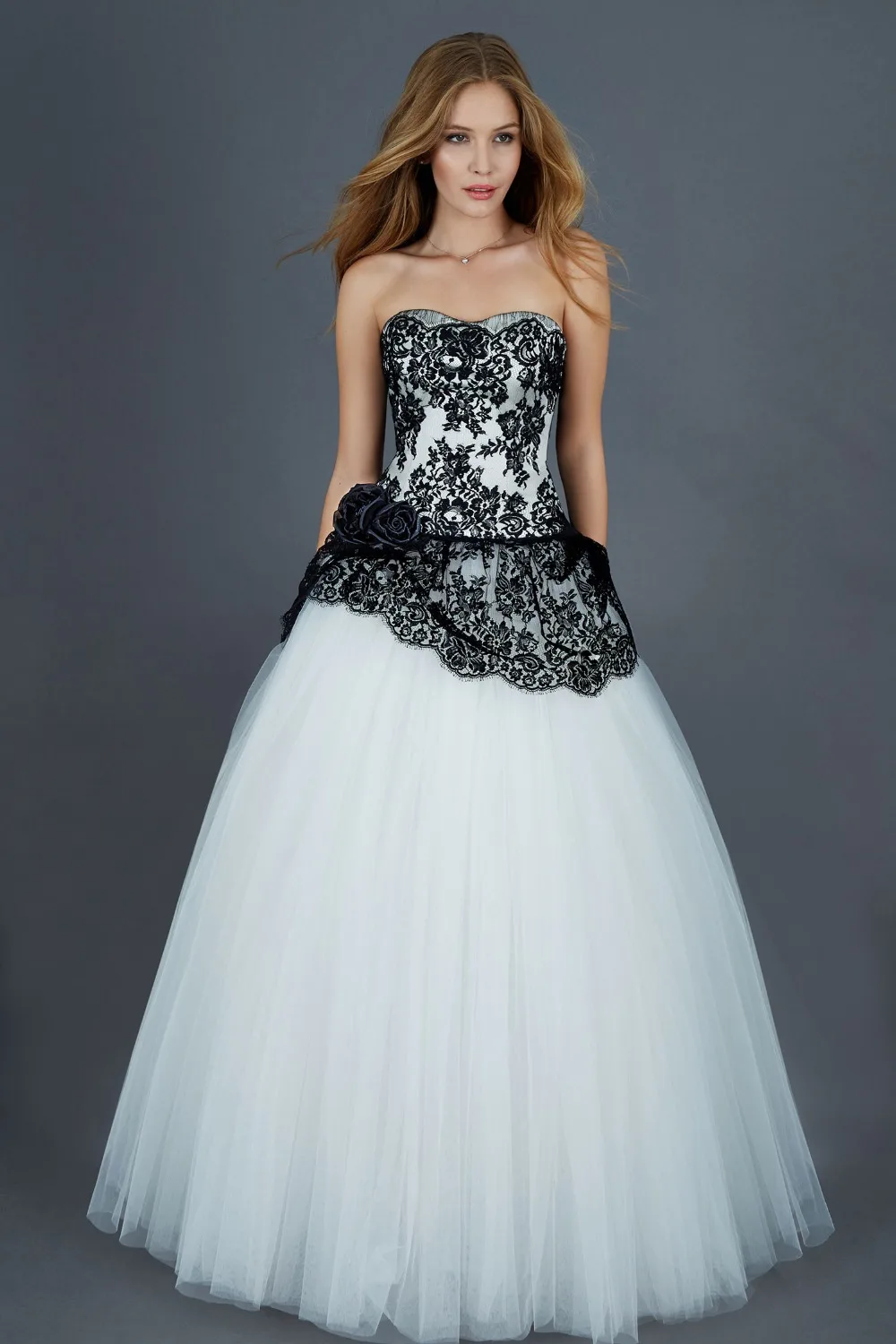 Black And White Tulle Lace Applique 2016 Sweetheart Zipper Back Ball