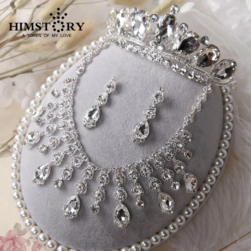 

HIMSTORY New Gorgeous Sliver Plated Rhinestone Crystal Necklace+Earring+crown 3pcs Jewelry Set For Bride Bridal Wedding