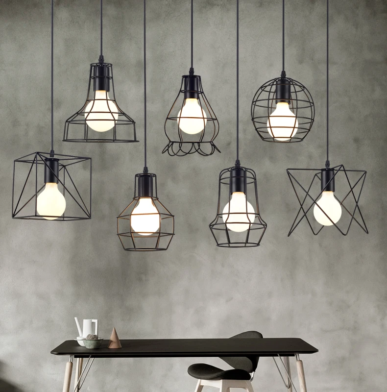 

Loft Nordic retro industrial pendant lamp restaurant creative pendant light bar iron bird cage art small hanging lights