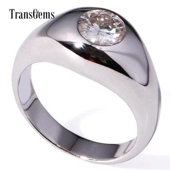 

TransGems 1 Carat GH Near Colorless Moissanite Lab Diamond Solitaire Wedding Band Solid 14K White Gold Ring for Men