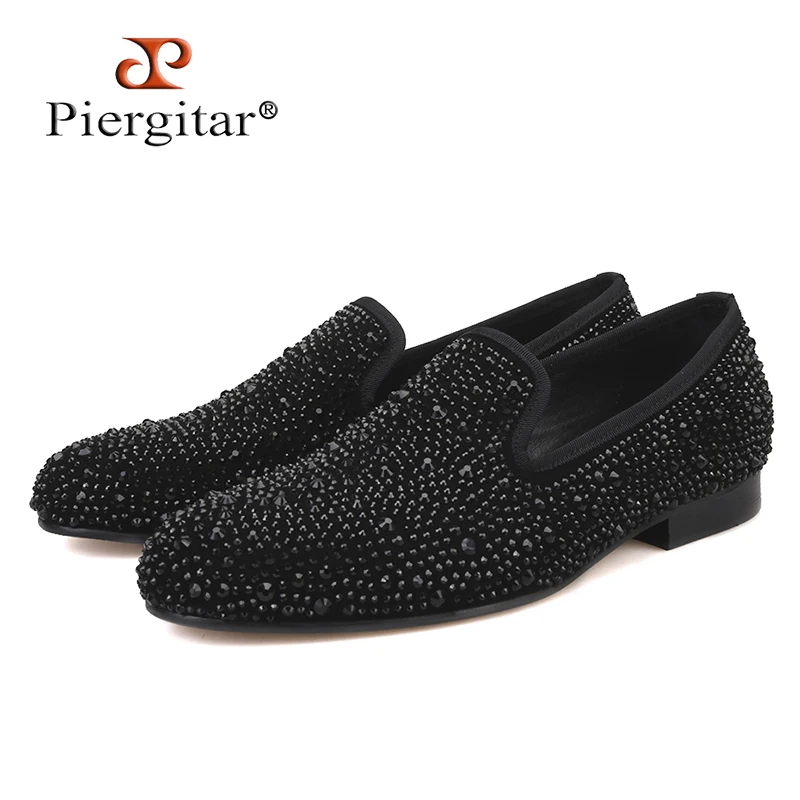 

Piergitar 2019 New Suede Genuine Leather Men's Flats Men Black Crystal shoes men smoking slippers Prom and party male loafers