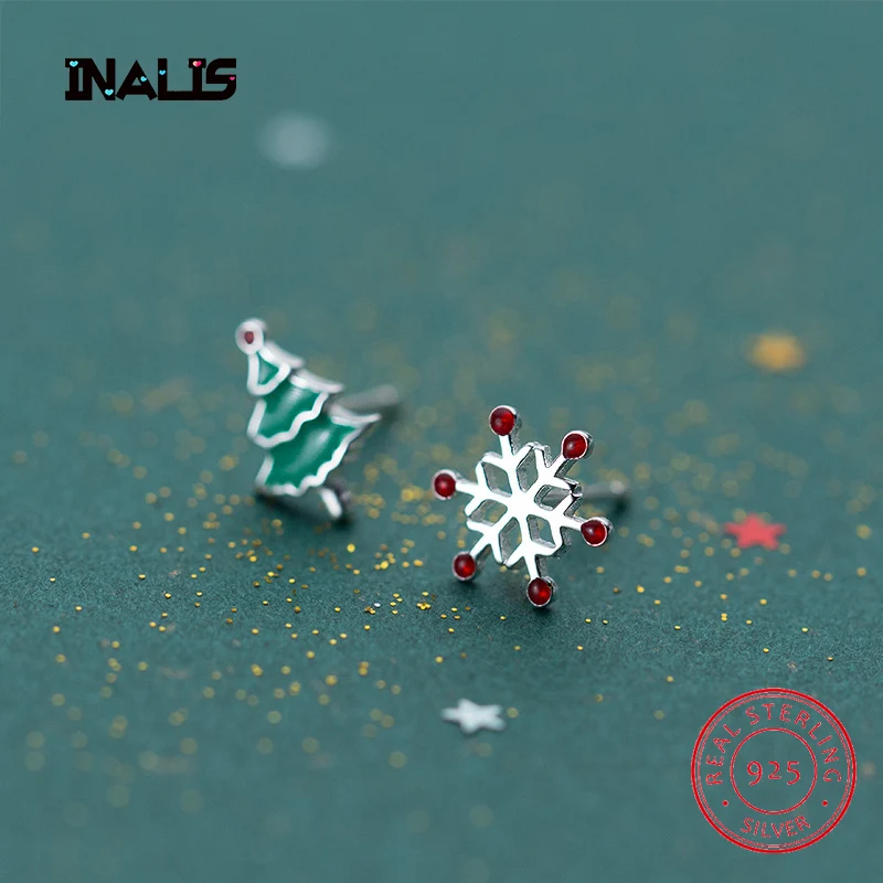 

INALIS New Christmas Gift Stud Earrings 925 Sterling Silver Asymmetry Green Tree Red Snowflake Brincos for Women Girl Party Gift