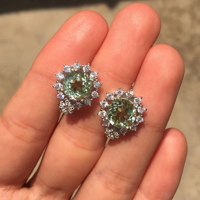 

CSJ 925 Sterling Silver Fine Jewelry Natural Round 8mm Green Amethyst flower good Earring Women Lady Wedding Engagment Gift