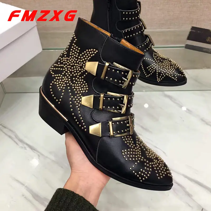 

High Quality Genuine Leather Ankle Boots For Women Leisure Boots Chain Motorcycle Boots Sexy Flats Platform Fashion Rivet Boots