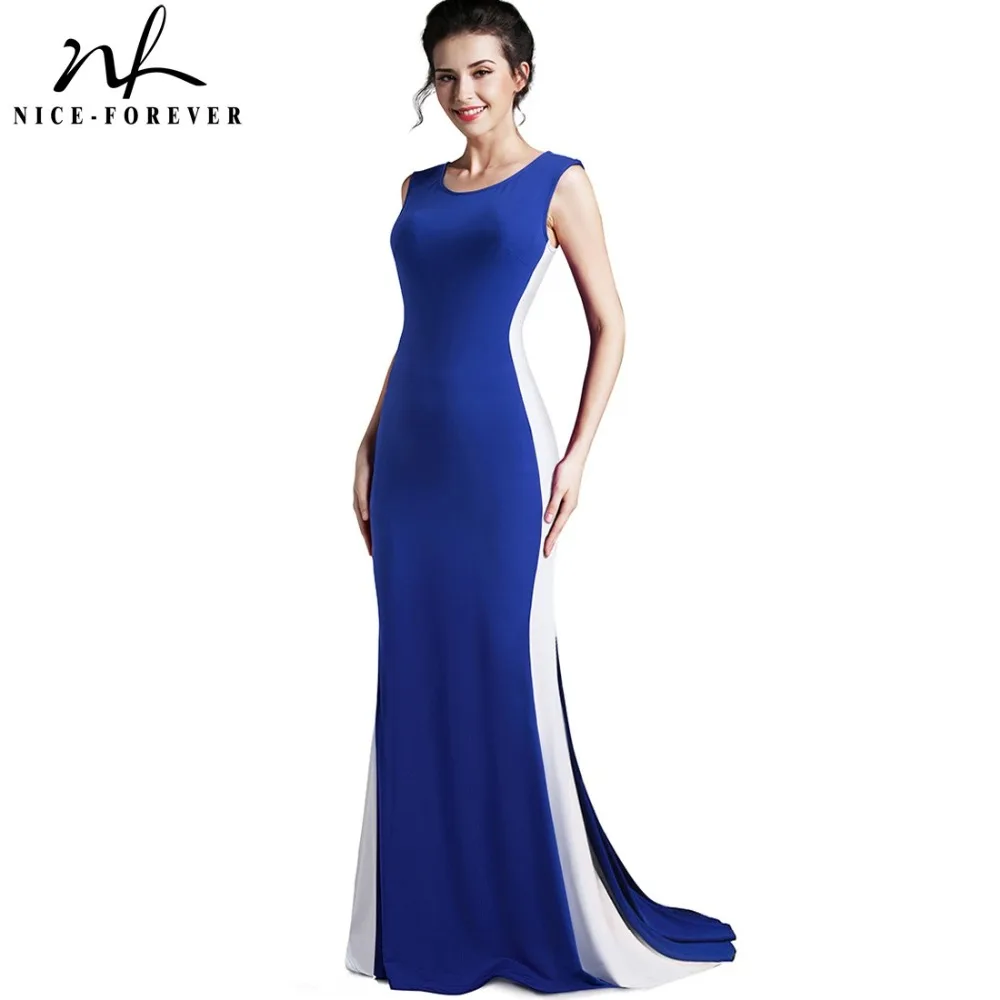 

Nice-forever Vintage Patchwork Drape Gown O-Neck Sleeveless Asymmetrical Length Women Elegant Maxi Long Mermaid Dress B370