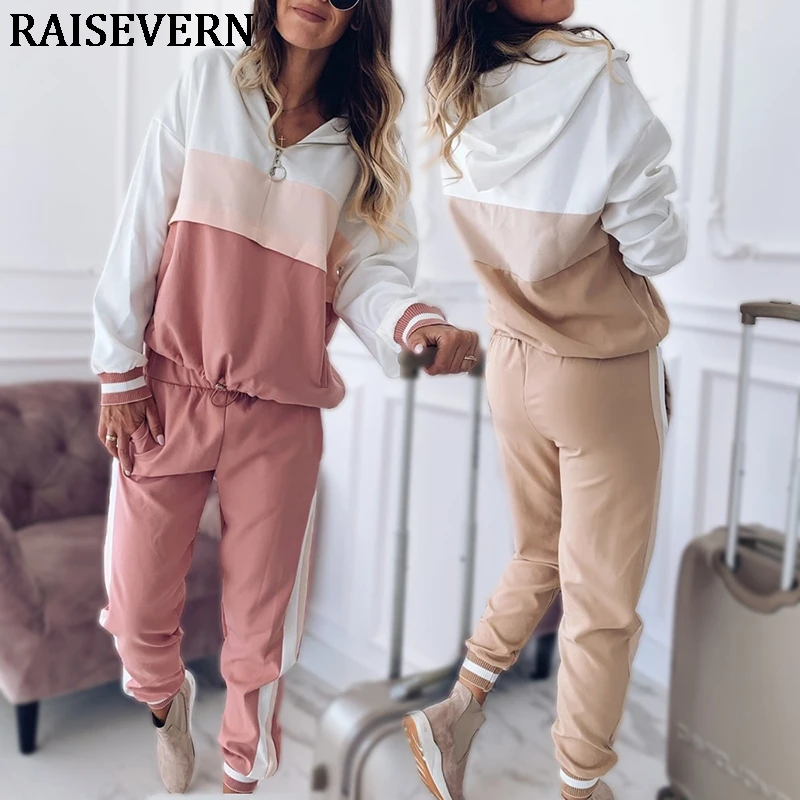 

2019 Tracksuit Women Two Piece Set Outfits for Women Slim Color Stitching Jacket Casual Jacket and Jogging Casual Pants Suit