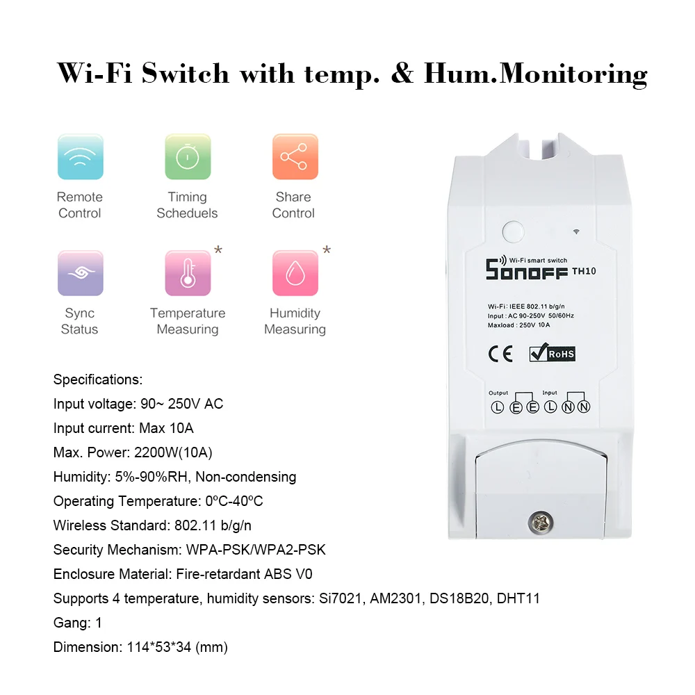 Sonoff TH10 Wi-Fi Smart Switch 10A 2200 Вт беспроводной переключатель модули для автоматизации умного дома с датчиком температуры и влажности монитор