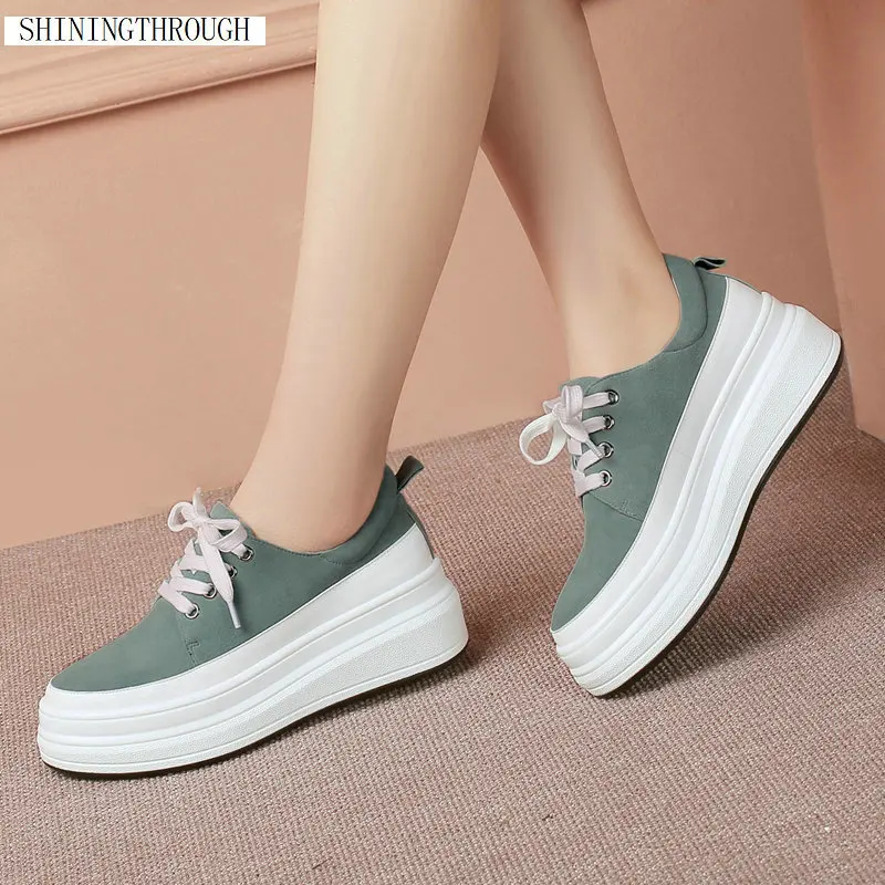 

New lace up spring autumn women pumps shoes platform wedges women genuine leather high heels shoes large size 42