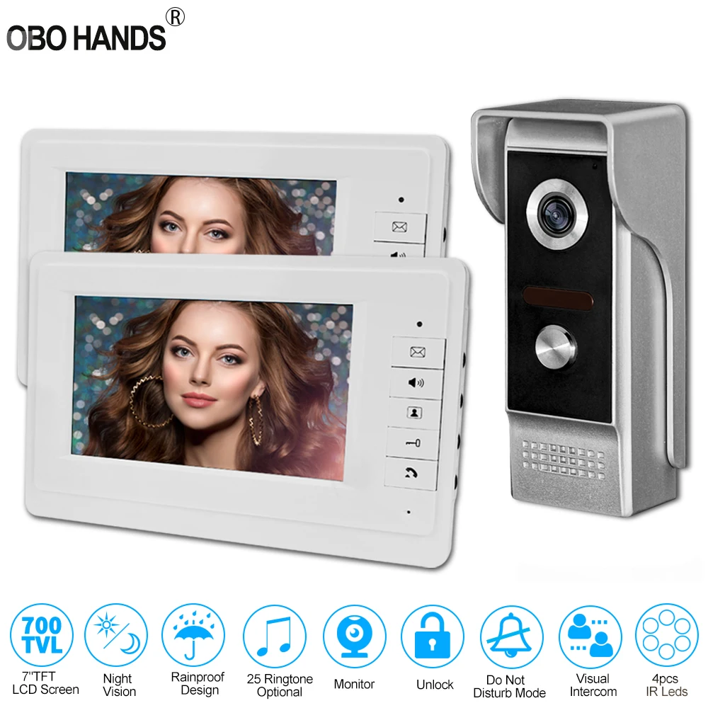 

Wired Home 7'' TFT LCD Video Intercom Doorbell System Monitor Video Door Phone IR COMS Outdoor Camera 700TVL White Screen Metal