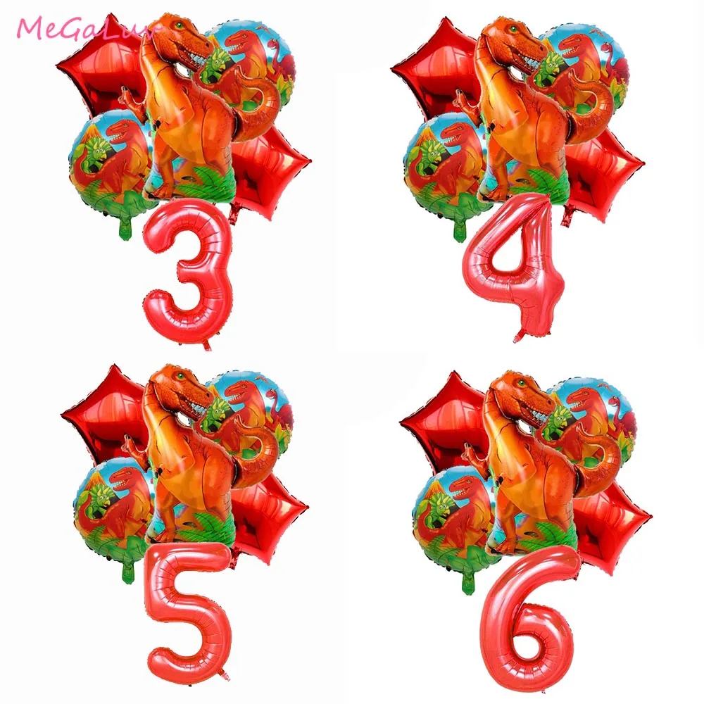 

6pcs Dinosaur Foil Balloons 32inch Red Number Balloons Dinosaur Party Dino Theme Birthday Jungle Party Decoration Globos