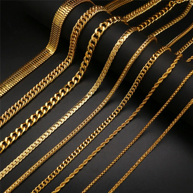 

LuReen Chunky Gold Color Link Chain Necklace Men Hip Hop Long Necklace Twist Cuban Chain For Pendant 30inch Fashion Jewelry
