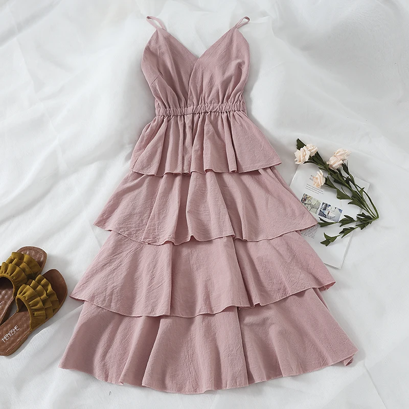 

2019 Women Summer Spaghetti Strap Halter Sleeveless Pleated Dress Casual Elastic Slim High Waist Strapless Chiffon Cake Dresses