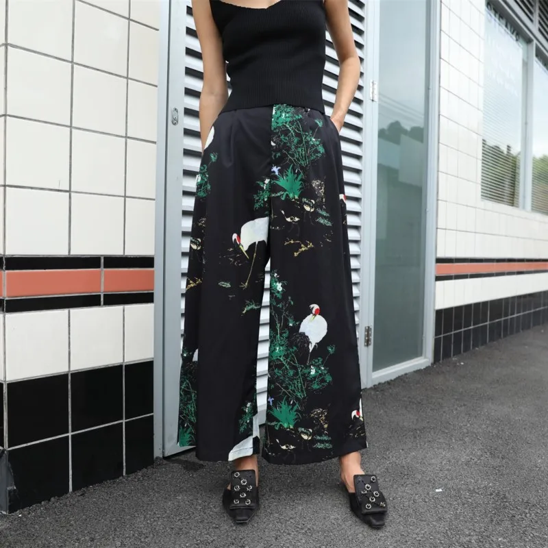 Cheerart Japanese Pants Women Vintage Songhak Print Wide Leg Pants Ankle Length Trousers Summer Loose Harajuku Flare Pants