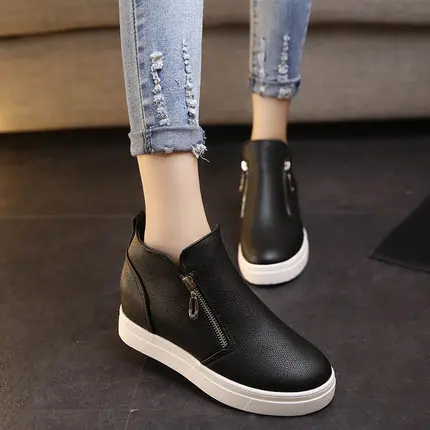 

Autumn round toe leather boots side zipper boots platform wedges women's elevator casual shoes short martin boots